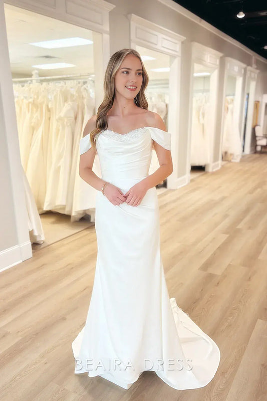 Beaira Elegant Off - the - Shoulder Mermaid Wedding Dress with Beaded Sweetheart Neckline and Draped Bodice for Romantic Bridal Grace
