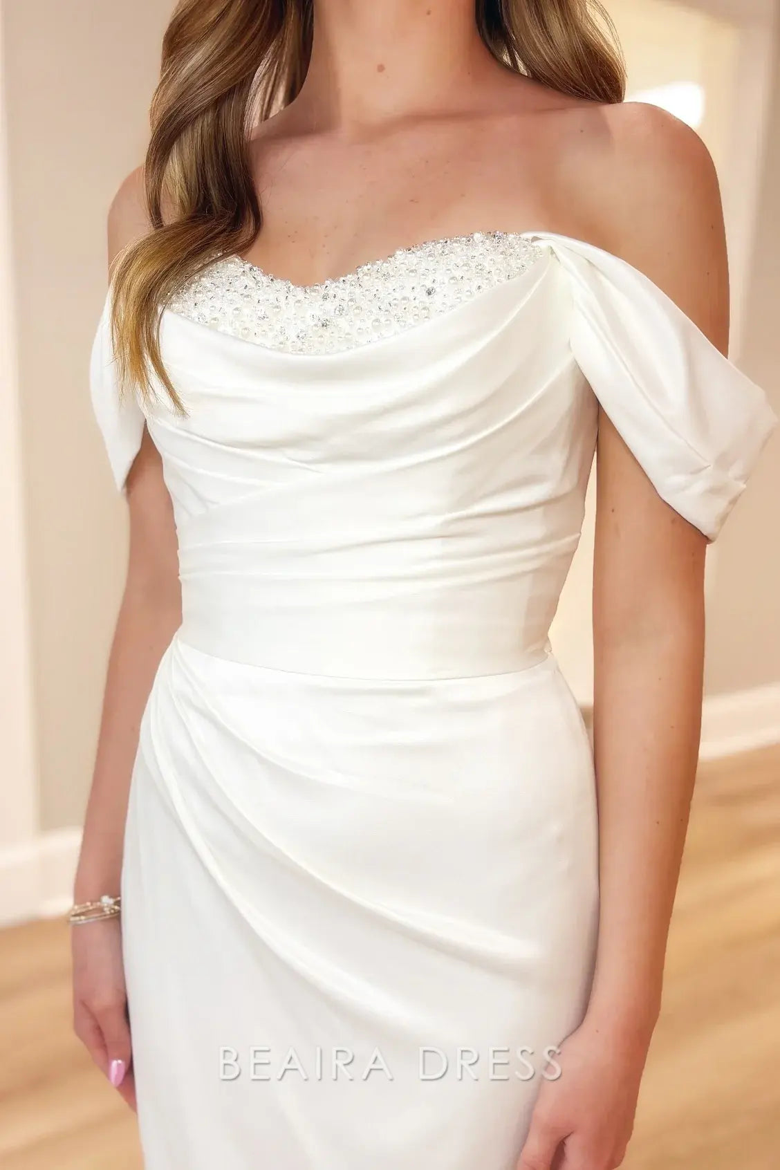 Beaira Elegant Off - the - Shoulder Mermaid Wedding Dress with Beaded Sweetheart Neckline and Draped Bodice for Romantic Bridal Grace