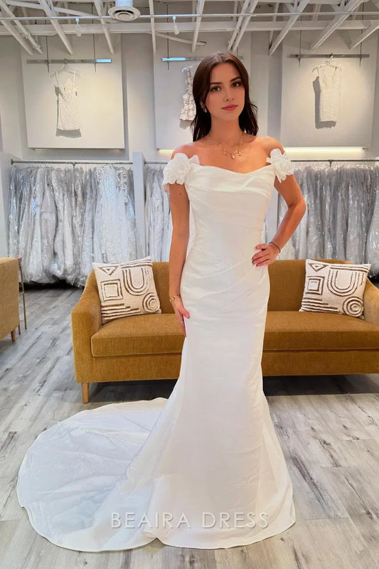 Beaira Elegant Off - the - Shoulder Mermaid Wedding Dress with Floral Sleeve Details and Flowing Train for Romantic Bridal Style