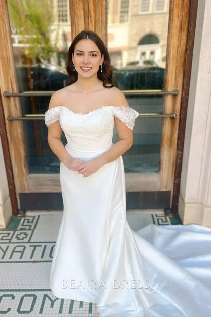 Beaira Elegant Off - the - Shoulder Mermaid Wedding Dress with Lace Bodice and Satin Skirt Featuring a Delicate Train for Romantic Bridal Elegance