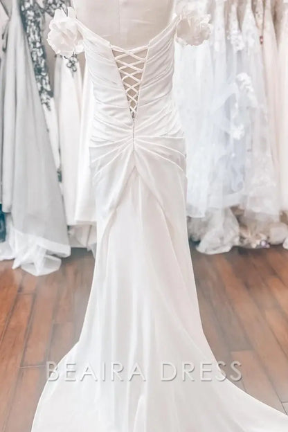 Beaira Elegant Off - the - Shoulder Wedding Dress with Floral Cap Sleeves Draped Bodice and Train for Romantic Bridal Charm