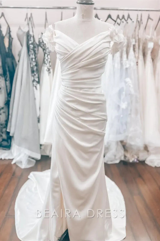 Beaira Elegant Off - the - Shoulder Wedding Dress with Floral Cap Sleeves Draped Bodice and Train for Romantic Bridal Charm