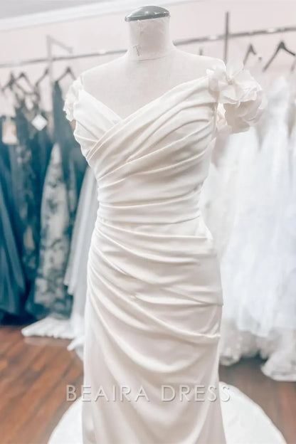 Beaira Elegant Off - the - Shoulder Wedding Dress with Floral Cap Sleeves Draped Bodice and Train for Romantic Bridal Charm