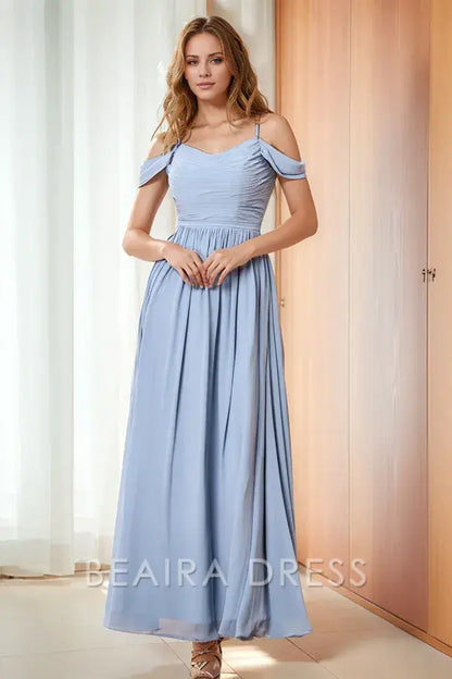 Beaira Elegant Off Shoulder Sleeveless Spaghetti Straps Ruched Prom Dress Open Back Ankle Length Chiffon evening gown