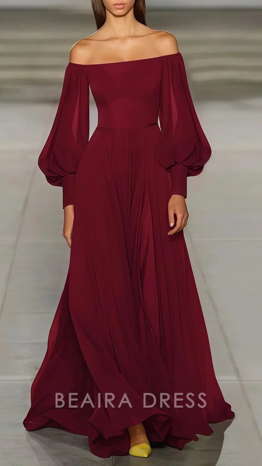 Beaira Elegant Off The Shoulder Burgundy Chiffon Prom Dresses formal wear dresses