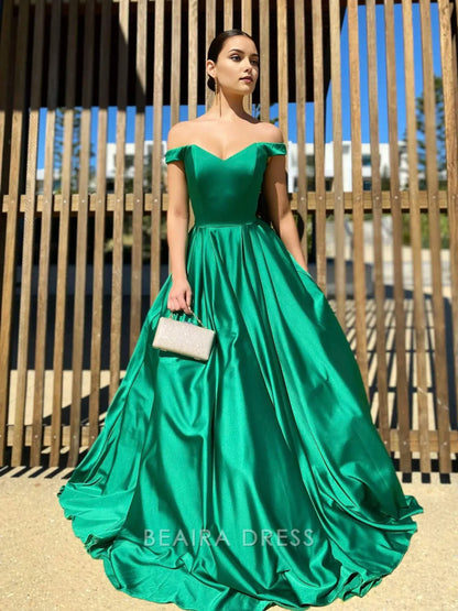 Beaira Elegant Off The Shoulder Green A-Line Satin Prom Dress hot sale for women