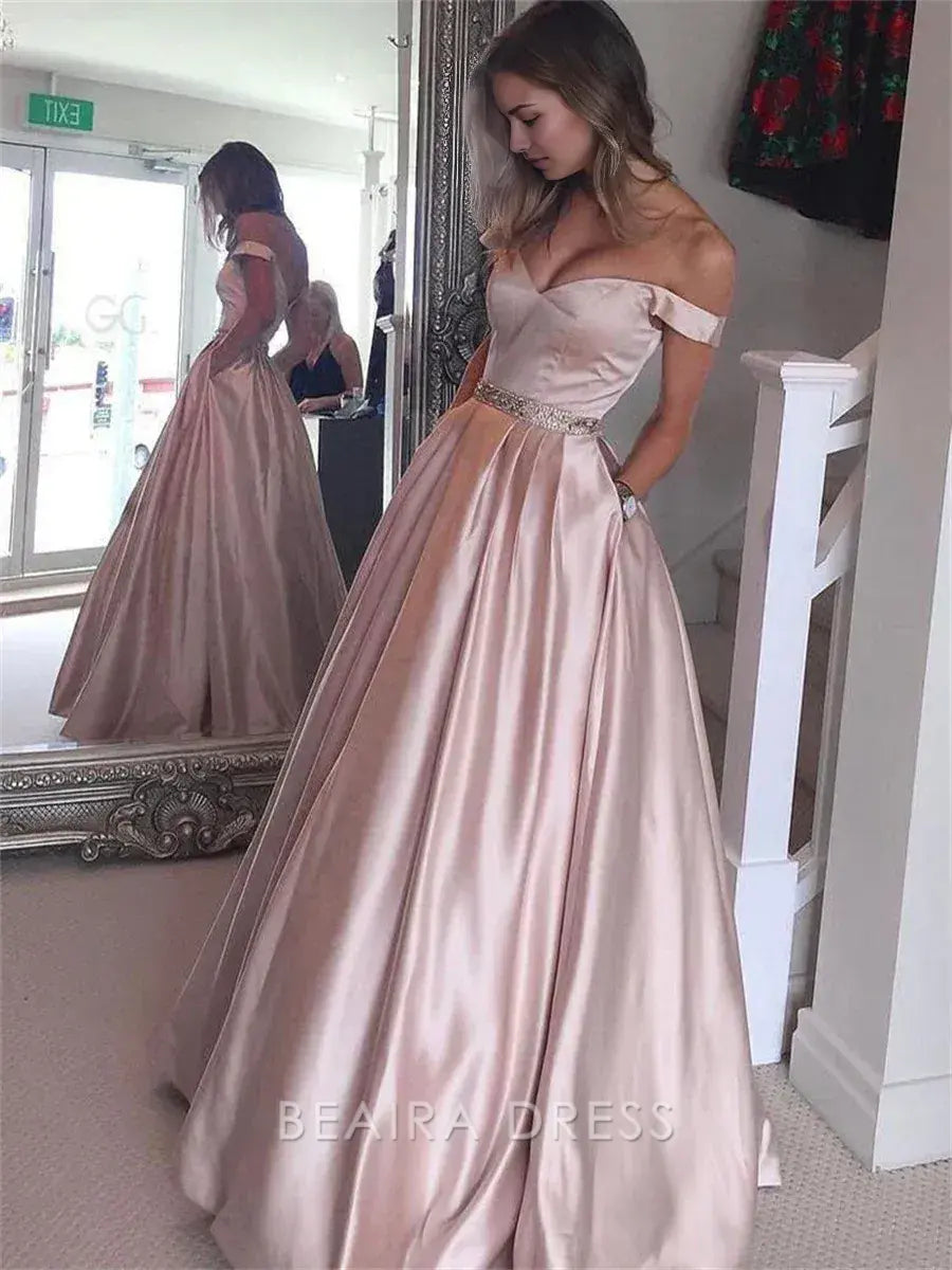 Beaira Elegant Off The Shoulder Pink A-Line Satin Prom Party Dress formal wear dresses