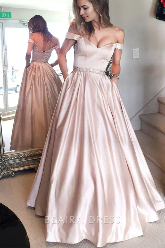 Beaira Elegant Off The Shoulder Pink A-Line Satin Prom Party Dress formal wear dresses