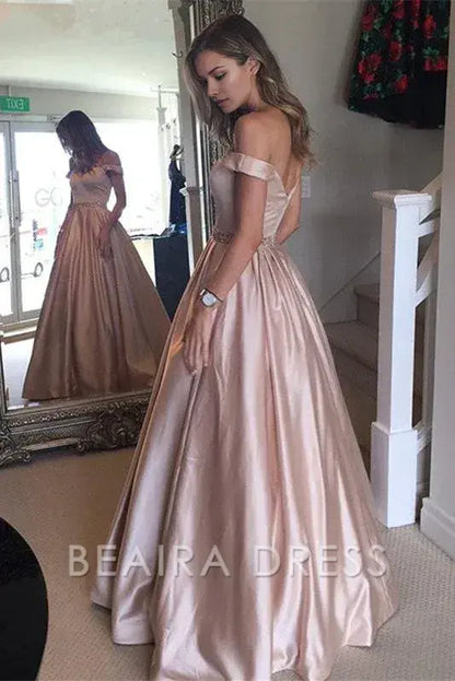 Beaira Elegant Off The Shoulder Pink A-Line Satin Prom Party Dress formal wear dresses