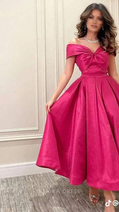 Beaira Elegant Off The Shoulder Preppy Prom Dress Fuchsia Bowknot Top Satin Prom Dress formal wear dresses