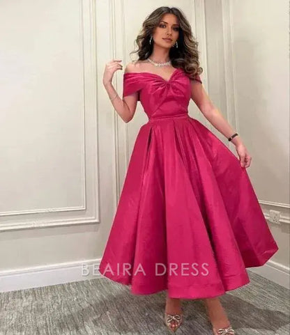 Beaira Elegant Off The Shoulder Preppy Prom Dress Fuchsia Bowknot Top Satin Prom Dress formal wear dresses