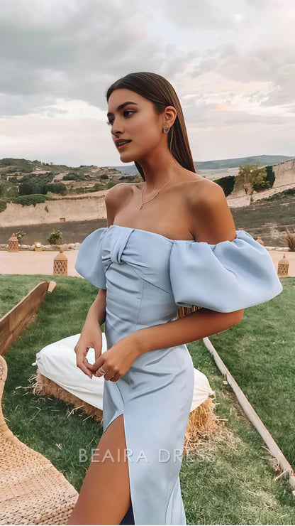 Beaira Elegant Off The Shoulder Prom Dress Light Blue Split Party Dress formal wear dresses