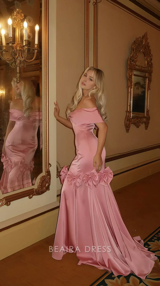 Beaira Elegant Off The Shouler Pink Mermaid Prom Dress Bowknot Party Dress formal wear dresses