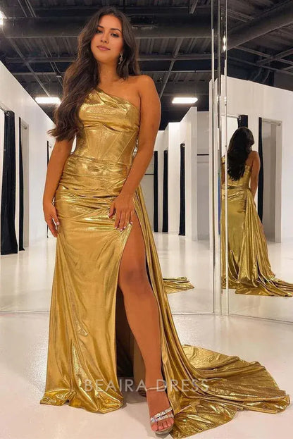 Beaira Elegant One Shoulder Gold Slit Evening Prom Dresses formal wear dresses