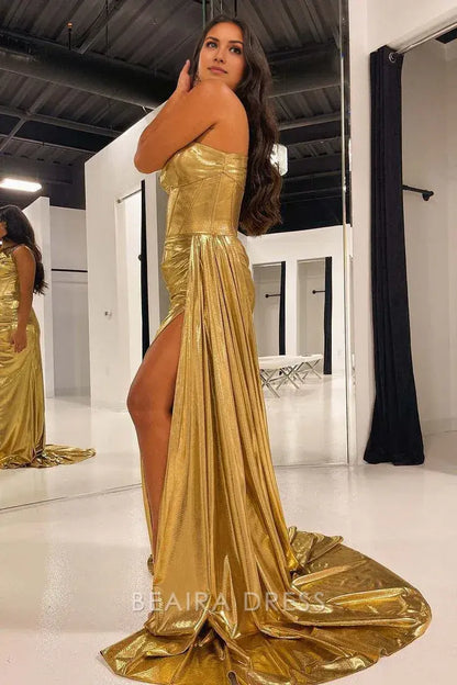 Beaira Elegant One Shoulder Gold Slit Evening Prom Dresses formal wear dresses