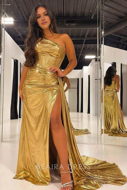Beaira Elegant One Shoulder Gold Slit Evening Prom Dresses formal wear dresses