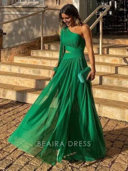 Beaira Elegant One Shoulder Green Chiffon Long Prom Dresses formal wear dresses