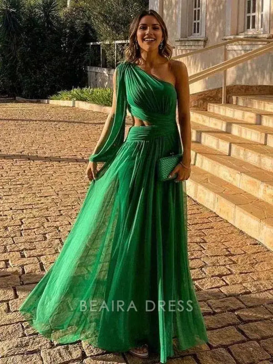 Beaira Elegant One Shoulder Green Chiffon Long Prom Dresses formal wear dresses