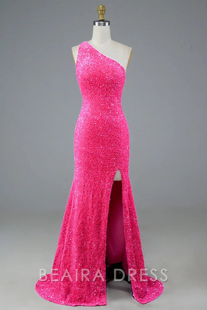 Beaira Elegant One Shoulder Sequin Long Prom Dress formal wear dresses