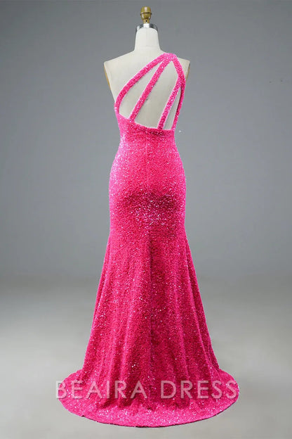 Beaira Elegant One Shoulder Sequin Long Prom Dress formal wear dresses