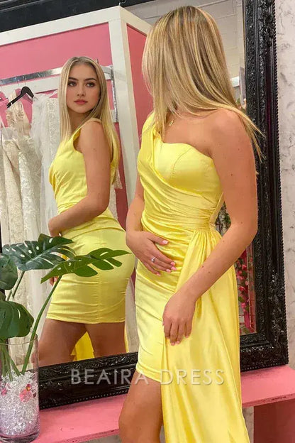 Beaira Elegant One Shoulder Yellow Satin Homecoming Dresses Slim Back To School Party Dress formal wear dresses