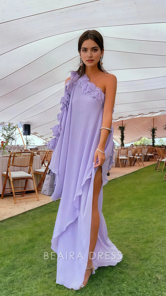 Beaira Elegant One Sleeve Lilac Chiffon Long Evening Prom Dress formal wear dresses