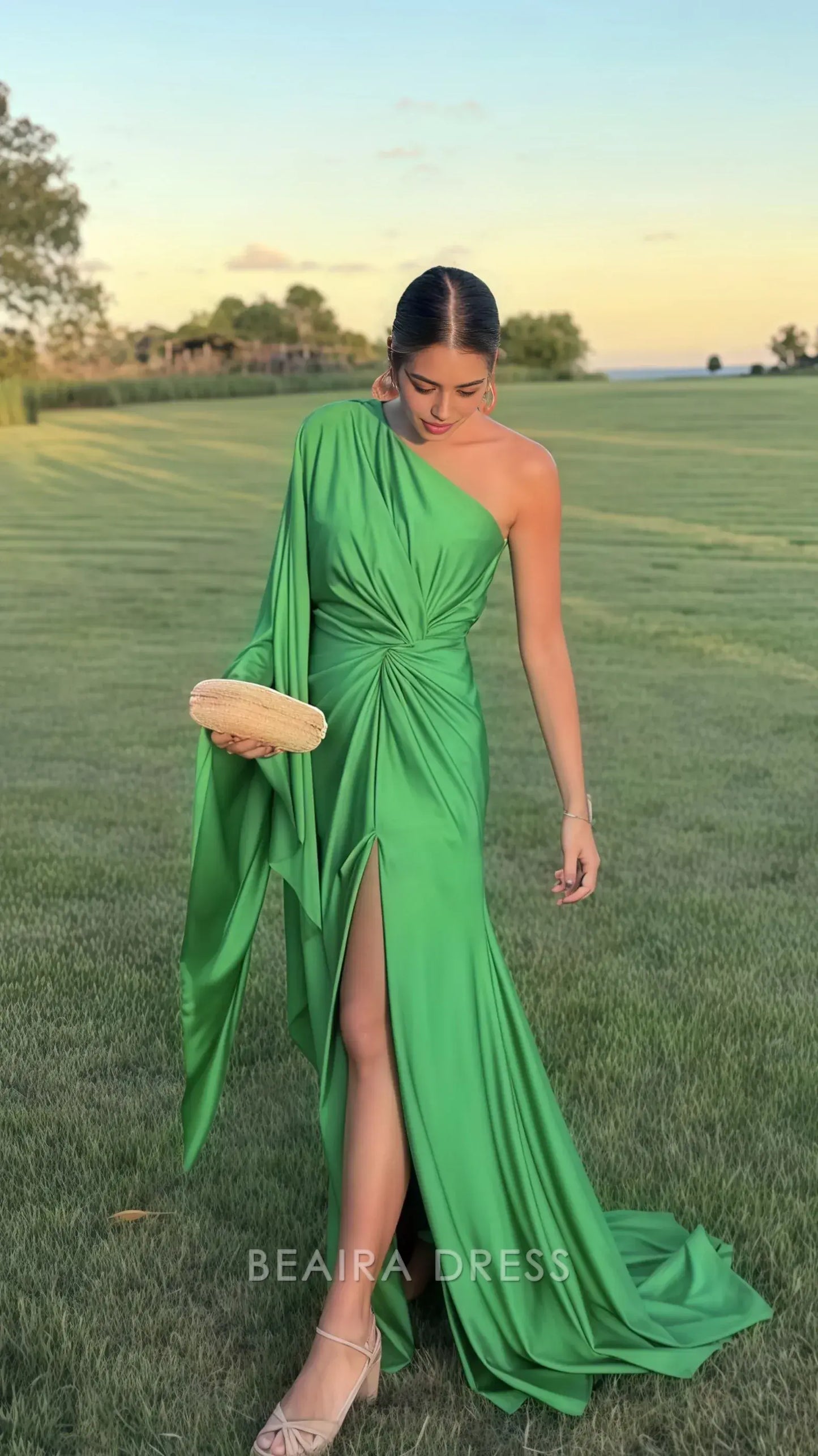 Beaira Elegant One Sleeves Green Sheath Long Prom Dress With Sweep Train formal wear dresses