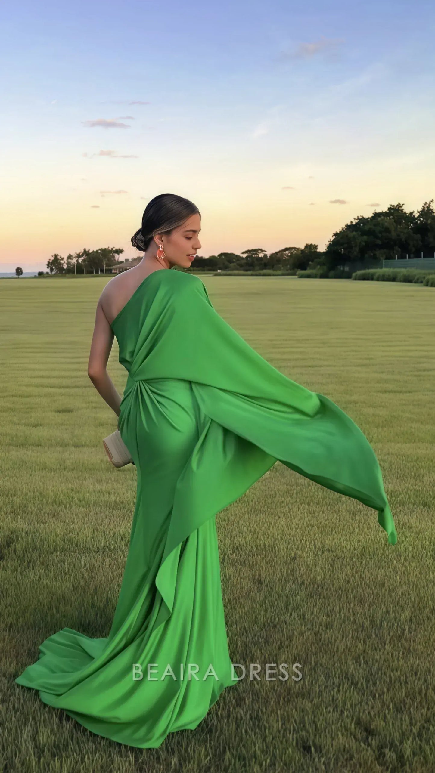 Beaira Elegant One Sleeves Green Sheath Long Prom Dress With Sweep Train formal wear dresses