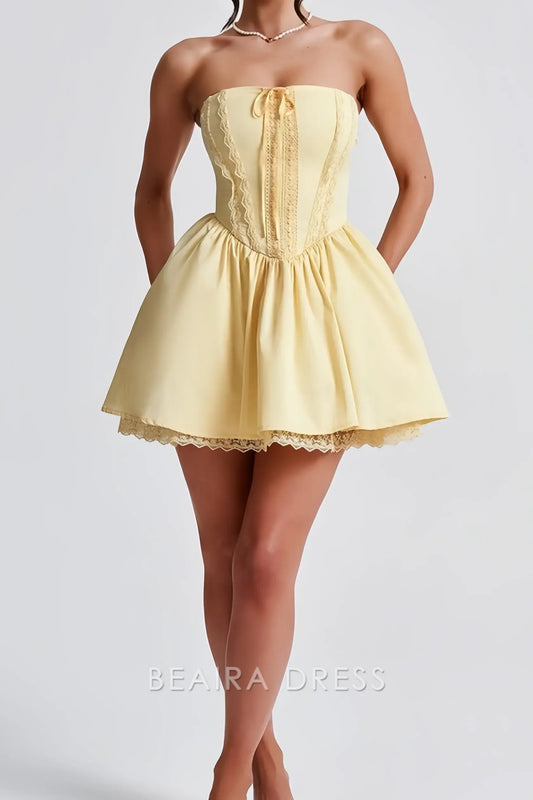 Beaira Elegant Pastel Yellow Strapless Homecoming Dresses Satin Lace Party Gown formal wear dresses