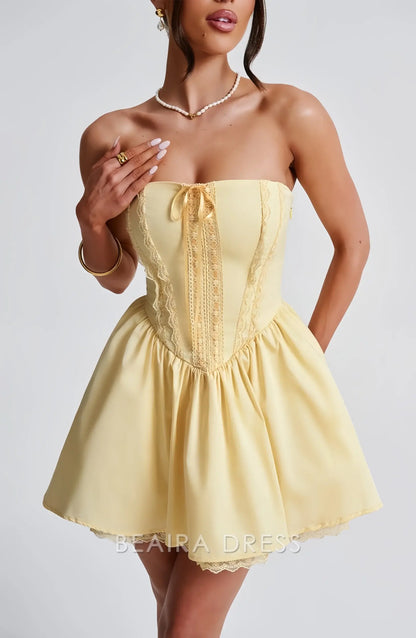 Beaira Elegant Pastel Yellow Strapless Homecoming Dresses Satin Lace Party Gown formal wear dresses