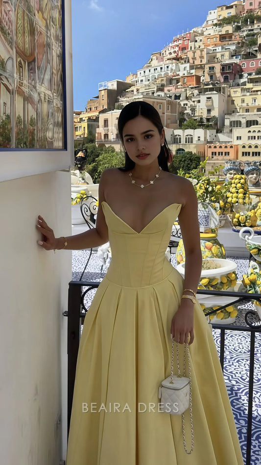 Beaira Elegant Pastel Yellow Sweetheart Prom Dress Sleeveless A-Line Ball Gown formal wear dresses