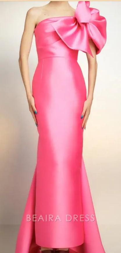 Beaira Elegant Pink Bow Shoulder Sheath Long Party Dress formal wear dresses