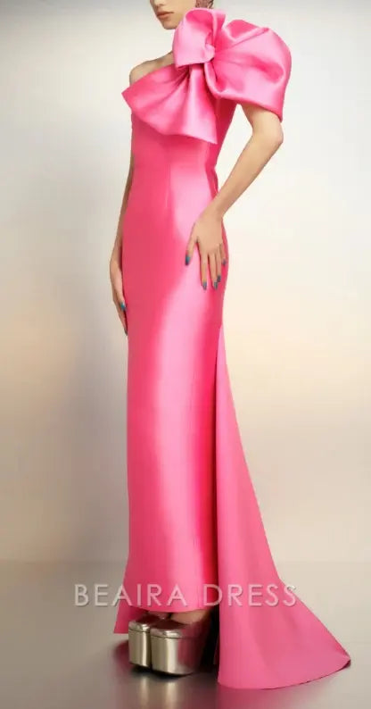 Beaira Elegant Pink Bow Shoulder Sheath Long Party Dress formal wear dresses