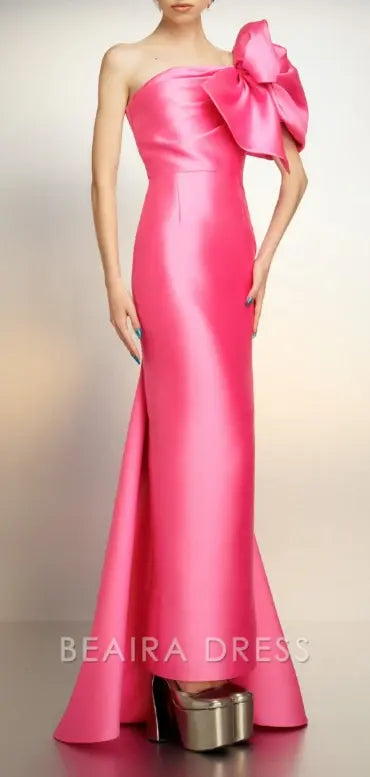 Beaira Elegant Pink Bow Shoulder Sheath Long Party Dress formal wear dresses