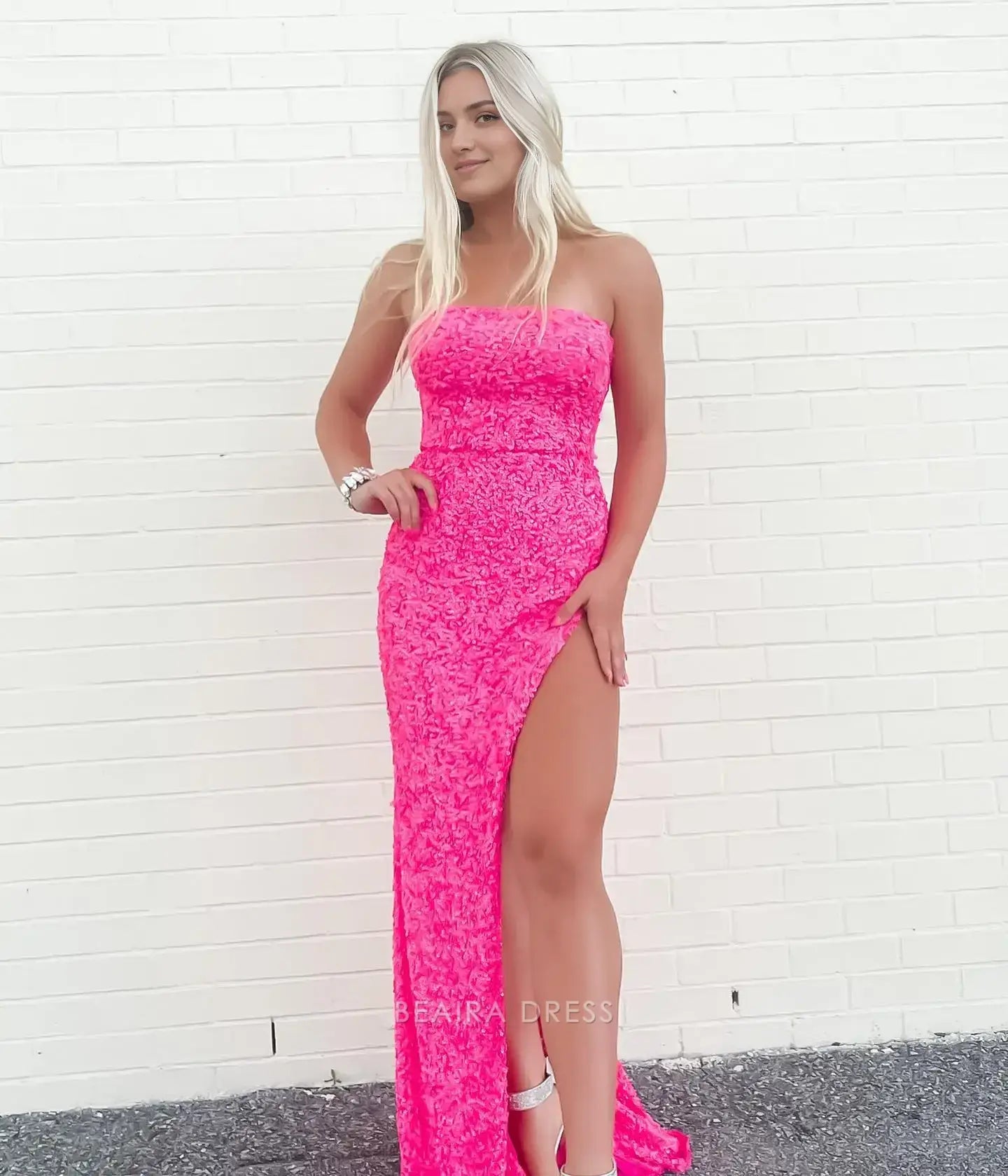 Beaira Elegant Pink Sequin Long Prom Dress Strapless Mermaid Evening Party Gown formal gown event dresses formal wear dresses