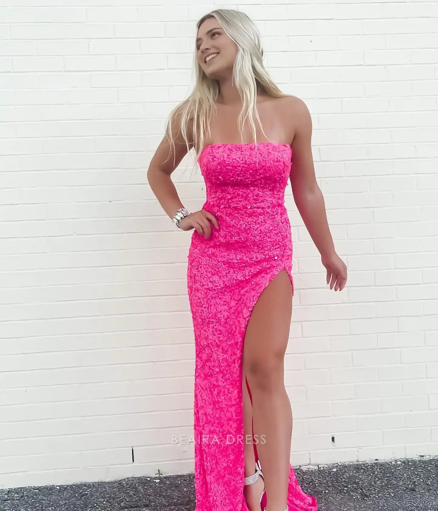 Beaira Elegant Pink Sequin Long Prom Dress Strapless Mermaid Evening Party Gown formal gown event dresses formal wear dresses