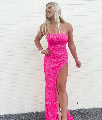 Beaira Elegant Pink Sequin Long Prom Dress Strapless Mermaid Evening Party Gown formal gown event dresses formal wear dresses