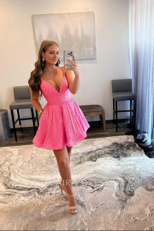 Beaira Elegant Pink V-Neck Sequins Short Prom Dresses Spaghetti Straps A-Line Party Dresses formal wear dresses
