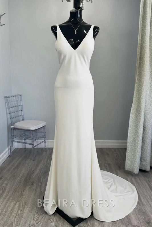 Beaira Elegant Plunging V - Neck Mermaid Wedding Dress with Minimalist Design and Flowing Train for Effortless Bridal Elegance
