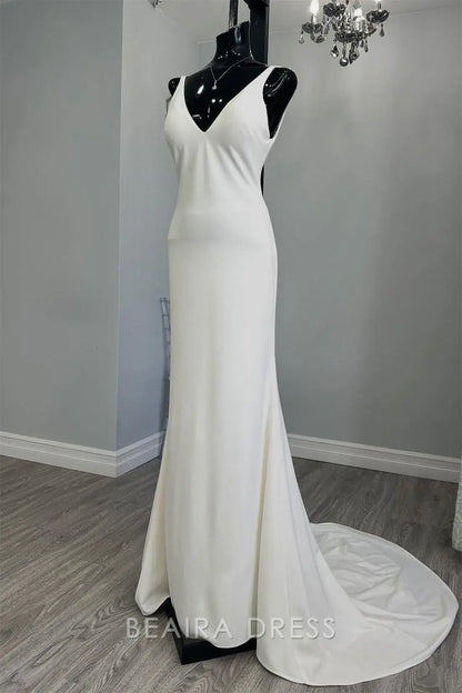 Beaira Elegant Plunging V - Neck Mermaid Wedding Dress with Minimalist Design and Flowing Train for Effortless Bridal Elegance