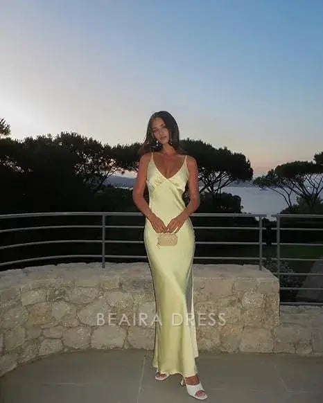 Beaira Elegant Pretty Mermaid V Neckline Long Yellow Satin Party Dresses Prom Dresses formal wear dresses