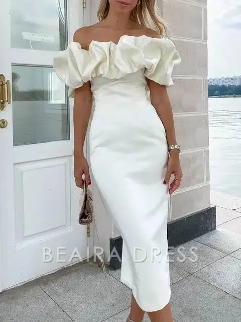 Beaira Elegant Puffy Cloud Off The Shoulder Tea Length Tight Elegant White Party Dresses Summer Homecoming Dresses After Party Wedding Dresses formal wear dresses