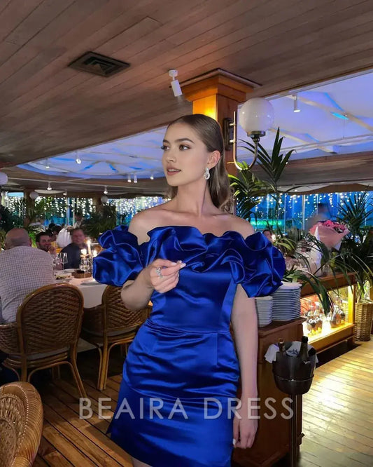 Beaira Elegant Puffy Shoulder Satin Mini Homecoming Dresses Short Party Dress formal wear dresses