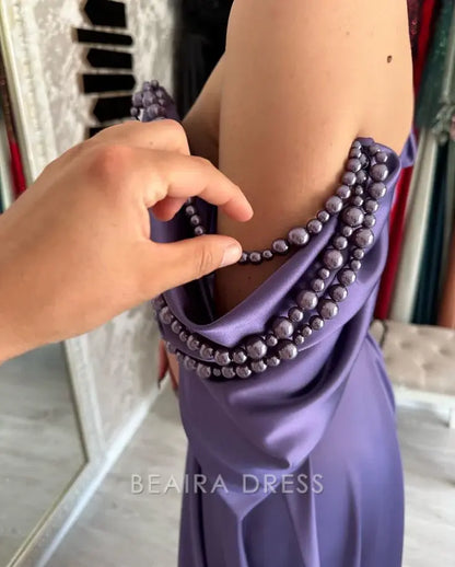 Beaira Elegant Purple Beaded Evening Dresses Long Satin Long Prom Dress formal wear dresses