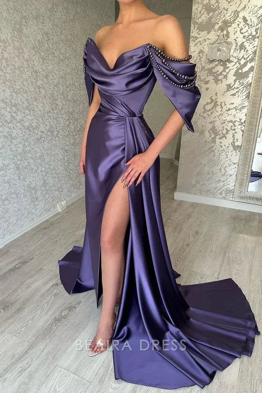 Beaira Elegant Purple Beaded Evening Dresses Long Satin Long Prom Dress formal wear dresses
