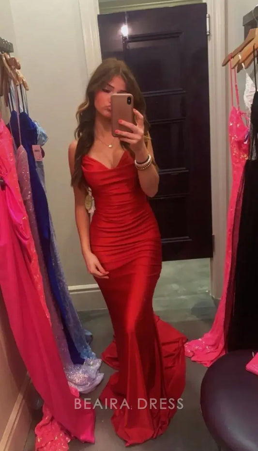 Beaira Elegant Red V-Neck Mermaid Long Prom Dresses formal wear dresses