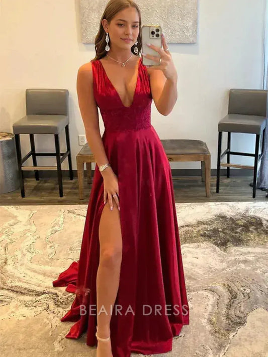 Beaira Elegant Sexy Burgundy A-Line Prom Dresses V-Neck Backless Evening Gown formal wear dresses
