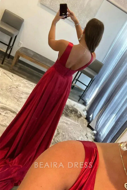 Beaira Elegant Sexy Burgundy A-Line Prom Dresses V-Neck Backless Evening Gown formal wear dresses