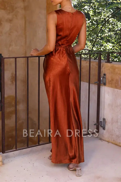 Beaira Elegant Sexy Formal Solid Fold V Neck Evening Dress Dresses formal wear dresses - Coffee