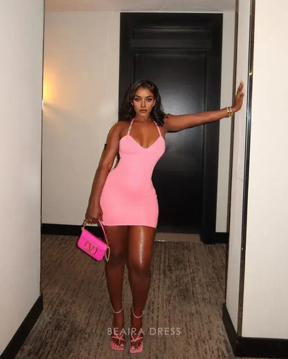 Beaira Elegant Sexy Pink Halter Neck Slim Fit Hip 21st Birthday Homecoming Dress formal wear dresses